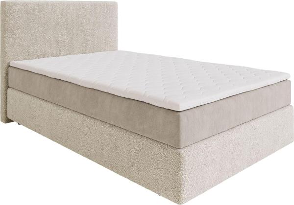 Boxspringbett Dream-Well 120x200 cm Bouclé Creme-Weiß mit Taschenfederkernmatratze und Topper Visco