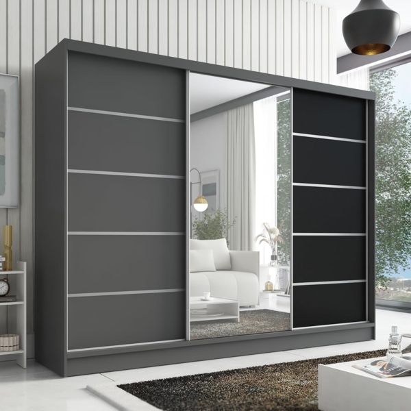Schwebetürenschrank AVIRA 1 3-türig Schrank 200 cm (mit Spiegel) Farbe: Graphit, Schwarz