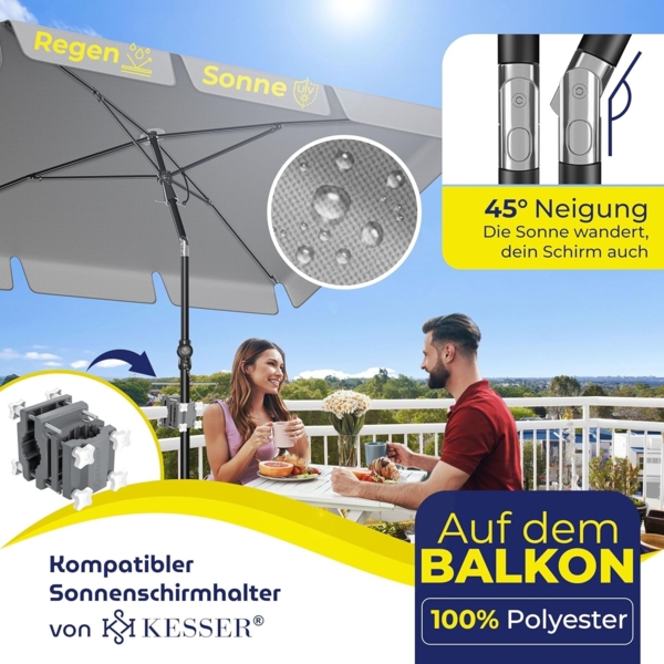 KESSER® Sonnenschirm Rechteckig Inkl. 2in1 Abdeckung & Transporttasche Gartenschirm Terrassenschirm | Schirm 200 × 125cm für Balkon Garten & Terrasse | Neigungswinkel und Höhe verstellbar Hellgrau Bild 2