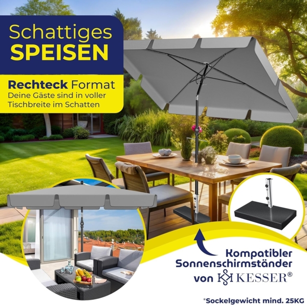 KESSER® Sonnenschirm Rechteckig Inkl. 2in1 Abdeckung & Transporttasche Gartenschirm Terrassenschirm | Schirm 200 × 125cm für Balkon Garten & Terrasse | Neigungswinkel und Höhe verstellbar Hellgrau Bild 9