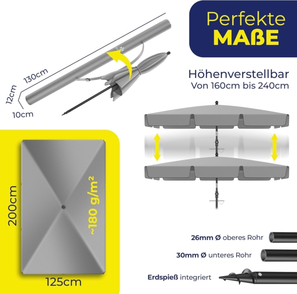 KESSER® Sonnenschirm Rechteckig Inkl. 2in1 Abdeckung & Transporttasche Gartenschirm Terrassenschirm | Schirm 200 × 125cm für Balkon Garten & Terrasse | Neigungswinkel und Höhe verstellbar Hellgrau Bild 7