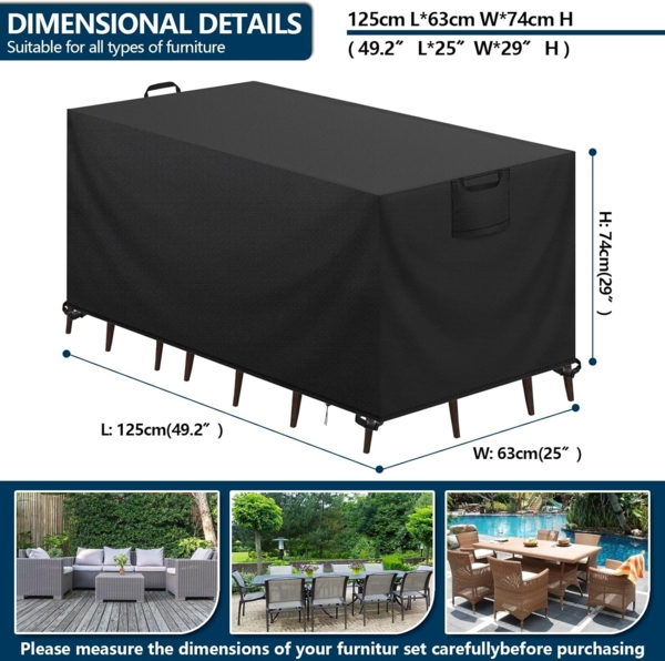 Aujink Abdeckung Gartenmöbel Winterfest, Wasserdichte Schutzhülle Gartenmöbel 420D Oxford Anti-UV Abdeckplane für Gartentische Terrassenmöbel Regenschutz und Staubfest Abdeckhaube Schwarz 125 x 63 x 74 cm Bild 2