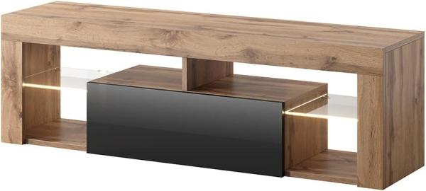 Selsey BIANKO – TV-Lowboard/TV-Schrank in Holz-Optik Lancaster Eiche mit Klappe in Schwarz Hochglanz mit LED-Beleuchtung Stehend 140cm