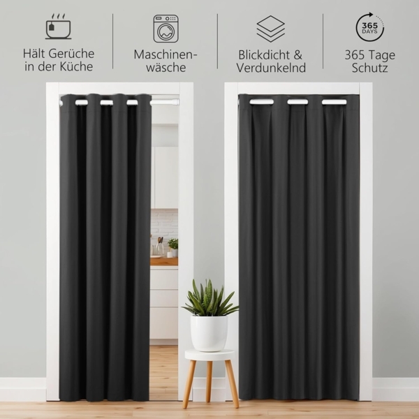 tinycurtains Türvorhang mit Stange weiß 70-120 cm Thermo Vorhang ohne Bohren, blickdicht, Ösen, verdunkelnd, Polyester, blickdicht, Schwarz Eclipse, Türgardine mit Klemmstange verdunkelnd Bild 3