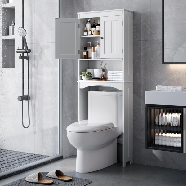 Bealife Toilettenregal, Regal über Toilette mit 3-stufigen verstellbaren Regalen, WC Überbauschrank Freistehend, 167 x 60 x 23 cm Überbau Toilettenschrank mit Doppeltüren für Badezimmer – Weiß