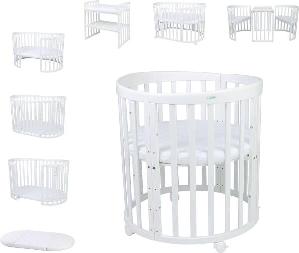 Waldin Oval Babybett Mitwachsend Set 7in1 - Baby Gitterbett mit Matratze, Rollen- Babybetten mit Wickelkommode - Mitwachsendes Kinderbett - Baby Bed - Beistellbett Holz