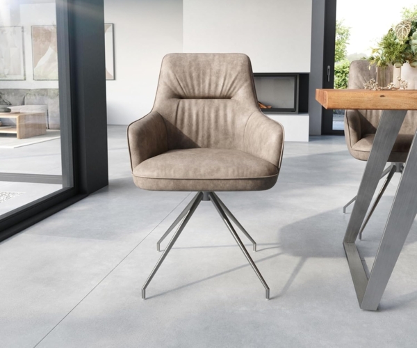 Esszimmerstuhl Zelia-Flex mit Armlehnen Mikrofaser Taupe Vintage Kreuzgestell konisch Edelstahl Taschenfederkern Bild 3