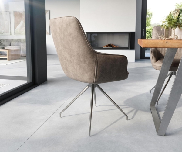 Esszimmerstuhl Zelia-Flex mit Armlehnen Mikrofaser Taupe Vintage Kreuzgestell konisch Edelstahl Taschenfederkern Bild 6