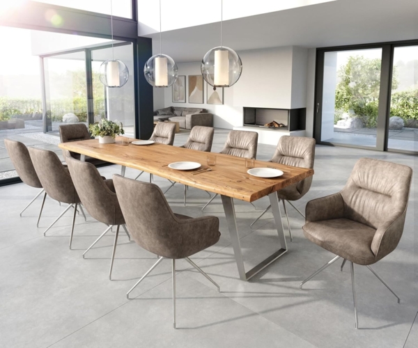 Esszimmerstuhl Zelia-Flex mit Armlehnen Mikrofaser Taupe Vintage Kreuzgestell konisch Edelstahl Taschenfederkern Bild 5