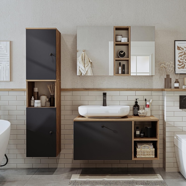 Roomart Waschmaschinenschrank " DORA SET" für Trockner & Waschmaschine, 130 cm breit, mit Aufsatzschrank , 1x Regalboden, Türen & Ausziehbrett • Anthrazit Eiche