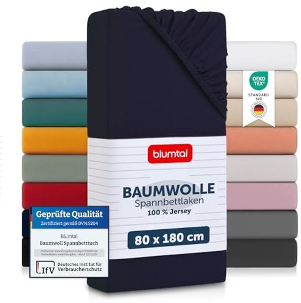 Blumtal® Basics Spannbettlaken 80x160-180 cm Jersey - Bettlaken 80x160 Kinder 100% Baumwolle - Oeko-TEX zertifiziertes Spannbettlaken Beistellbett - Spannbettlaken 160x80 cm - Dark Ocean Blue - Blau
