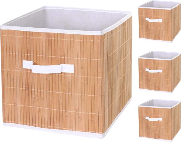4er-Set Faltbox HWC-C21, Korb Aufbewahrungskorb Ordnungsbox Sortierbox Aufbewahrungsbox, Bambus 32x32x32cm ~ naturfarben