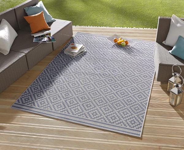 In- & Outdoor Teppich Raute blau/creme - 200x290x0,8cm