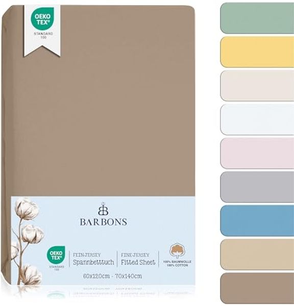BARBONS Spannbettlaken für Baby Kinderbett 60x120 / 70x140-100% Jersey Baumwolle Spannbetttuch Oeko-TEX Standard 100 Zertifiziert Bettlaken für Babybett - Taupe 60x120/70x140 cm 2er