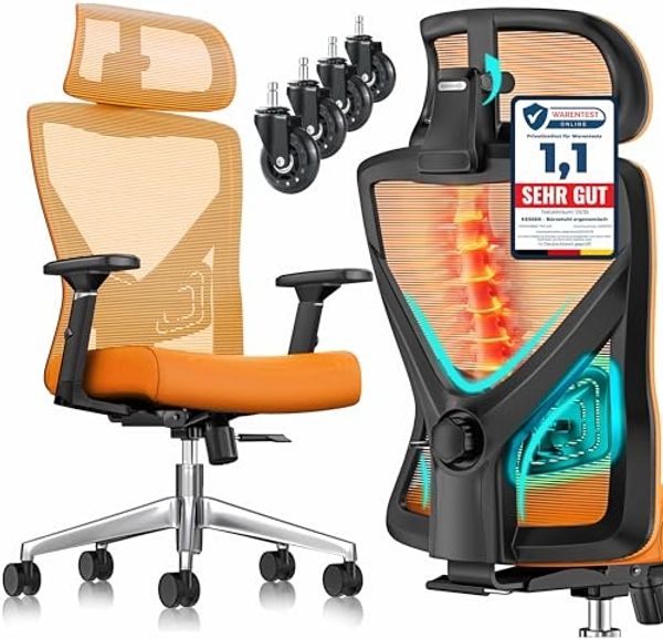 KESSER® Bürostuhl mit verstellbaren Armlehnen | Drehstuhl mit Lendenwirbelstütze Rückenschonend | Schreibtischstuhl ergonomisch mit Kopfstütze | Office Chair Wippfunktion bis 125° mit 5x Gummirollen Orange / Silber
