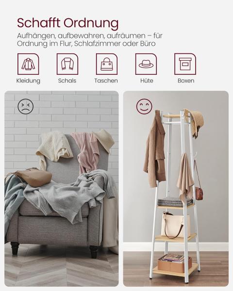 Vasagle Garderobenständer mit 3 Ablagen und Haken, Holz Natur/Weiß, 43 x 43 x 180 cm Bild 2