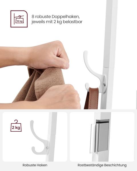 Vasagle Garderobenständer mit 3 Ablagen und Haken, Holz Natur/Weiß, 43 x 43 x 180 cm Bild 4