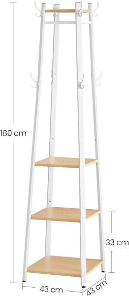 Vasagle Garderobenständer mit 3 Ablagen und Haken, Holz Natur/Weiß, 43 x 43 x 180 cm Bild 7