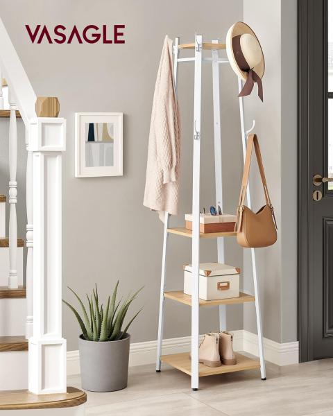 Vasagle Garderobenständer mit 3 Ablagen und Haken, Holz Natur/Weiß, 43 x 43 x 180 cm Bild 8