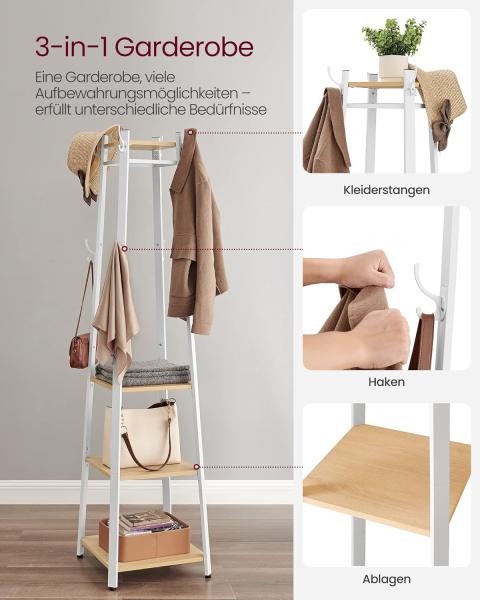 Vasagle Garderobenständer mit 3 Ablagen und Haken, Holz Natur/Weiß, 43 x 43 x 180 cm Bild 3