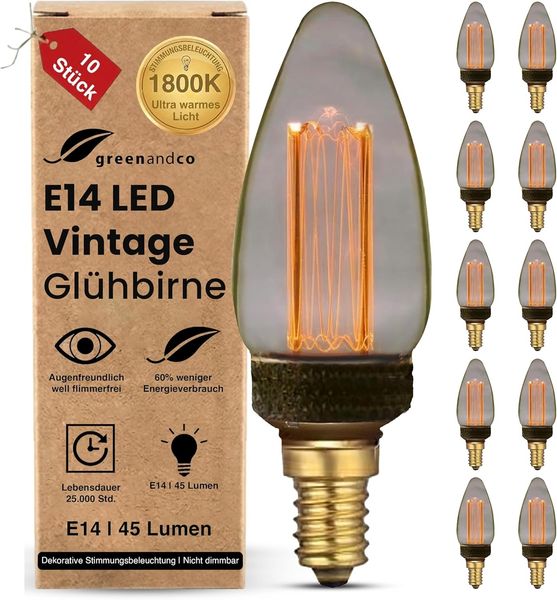 greenandco 10x LED Vintage Glühbirne zur Stimmungsbeleuchtung | E14 C35 | smoke | 2W 45lm | 1800K extra warmweiß | 320° | 230V | flimmerfrei | nicht dimmbar | Edison Glühbirne