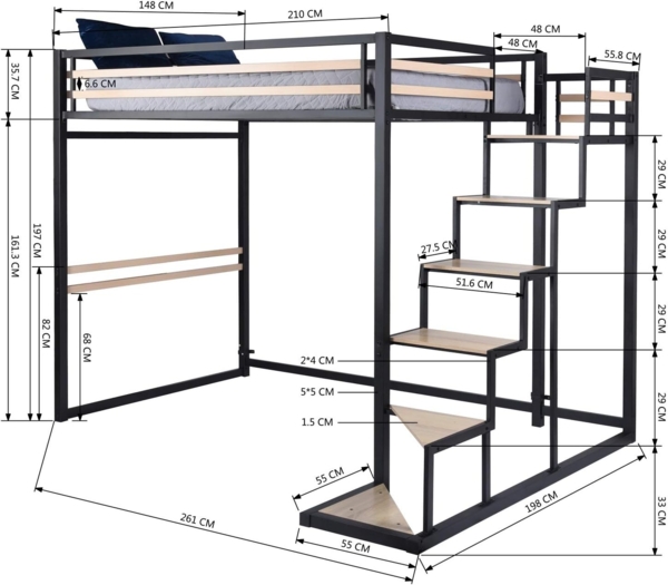 MEUBLE COSY Hochbett 140x200 cm Bettrahmen Etagenbett mit Lattenroste aus Holz und Metall, Industriell, für Erwachsene und Kinder Bild 3