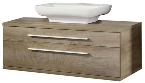 FACKELMANN STANFORD Waschbecken mit Unterschrank 110 cm breit, Braun hell, Aufsatzwaschbecken Keramik Weiß
