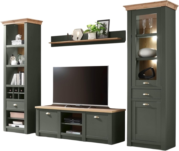 Wohnwand Norwich in grün und Eiche Landhaus 308 cm