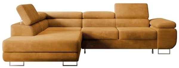 Selsey STEVIL - Ecksofa L-Sofa mit Schlaffunktion, Bettkasten, Ottomane links, Cordbezug Senfgelb