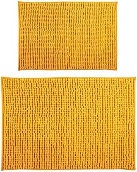 MSV Badteppich 2er Set Badvorleger Duschvorleger Chenille Hochflor Badematte 40x60 cm + 60 x 90 cm – Gelb