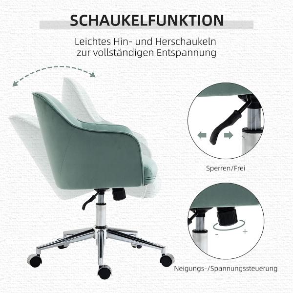 Vinsetto Bürostuhl mit Wippenfunktion Home-Office-Stuhl höhenverstellbarer Schreibtischstuhl ergonomisch 360°-Drehräder Samt-Touch-Polyester Nylon Grün 61 x 59 x 80,5-90,5 cm Bild 5