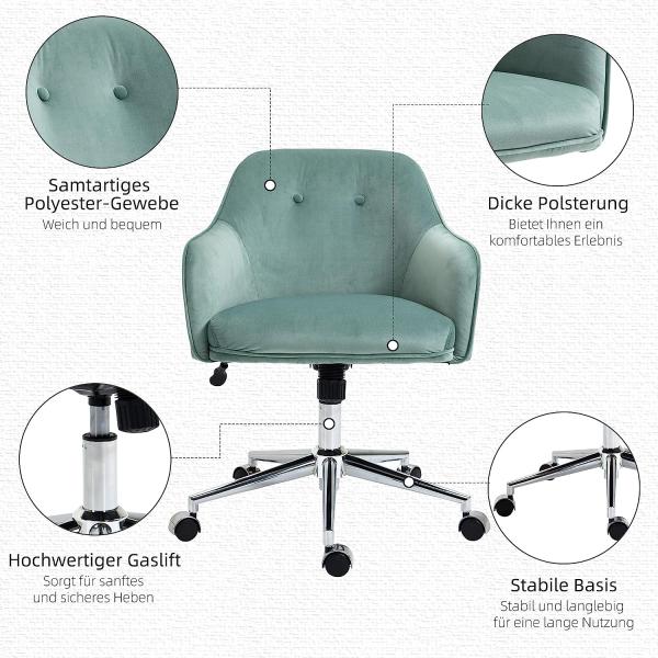 Vinsetto Bürostuhl mit Wippenfunktion Home-Office-Stuhl höhenverstellbarer Schreibtischstuhl ergonomisch 360°-Drehräder Samt-Touch-Polyester Nylon Grün 61 x 59 x 80,5-90,5 cm Bild 6