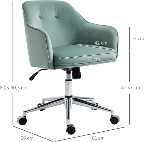 Vinsetto Bürostuhl mit Wippenfunktion Home-Office-Stuhl höhenverstellbarer Schreibtischstuhl ergonomisch 360°-Drehräder Samt-Touch-Polyester Nylon Grün 61 x 59 x 80,5-90,5 cm Bild 3