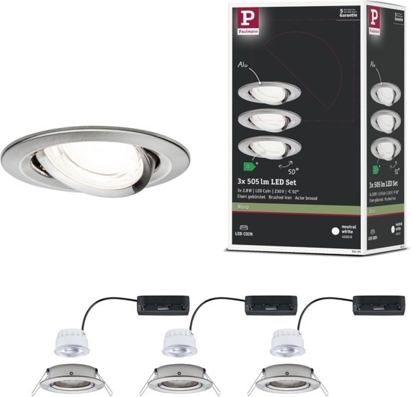 Paulmann 92456 LED Einbauleuchte Nova Coin 3er-Set rund 4000K Eisen gebürstet