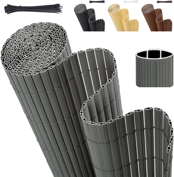Sekey PVC Sichtschutzmatte 90x300 m Doppelte Verstärkung Innen, Balkon Sichtschutz mit Kabelbindern, Sichtschutzzaun Windschutz Wasserdicht ohne Bohren für Balkon Garten, Grau