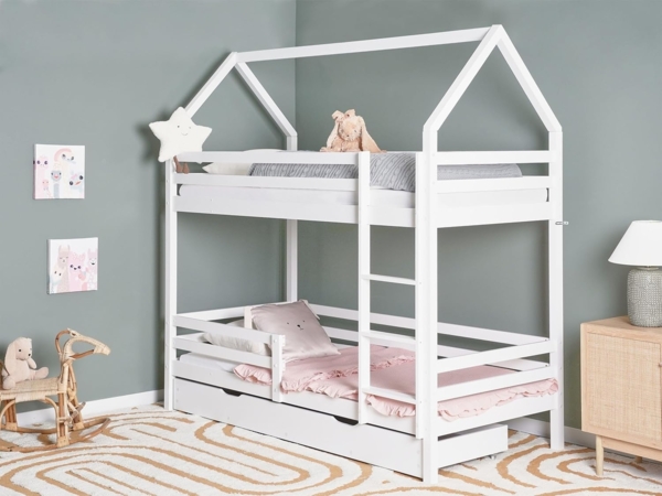 Hochbett mit Schubladen Haus Kiefernholz GIRGOLS 90 x 200 cm mit Stauraum Weiß Bild 2