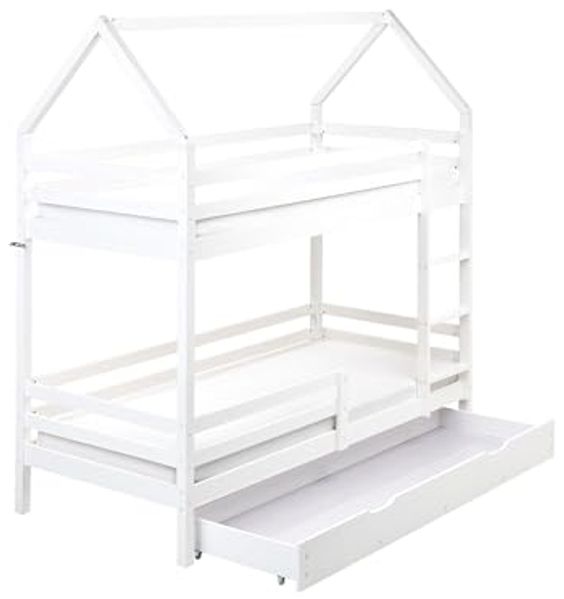 Hochbett mit Schubladen Haus Kiefernholz GIRGOLS 90 x 200 cm mit Stauraum Weiß