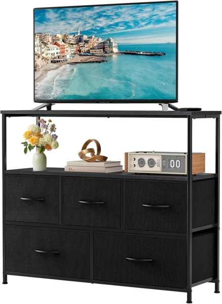 Sweetcrispy Kommode,TV Schrank Stand für Schlafzimmer mit 5 Stoffschubladen,Sideboard Wohnzimmer für 115cm TV,Einstellbare Füße Schubladenschrank, Schwarz