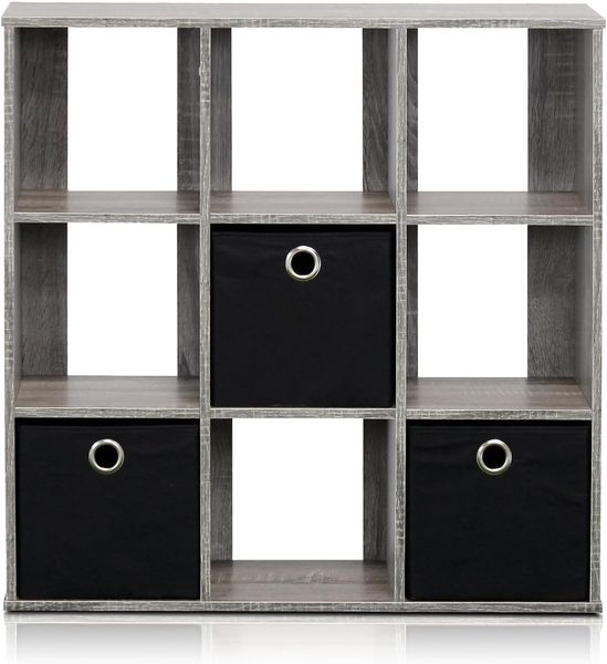Furinno Simplistic Organizer/Regal mit 9 Fächern und 3 Einschüben, holz, Grau/schwarz, 20.07 x 67.82 x 67.31 cm