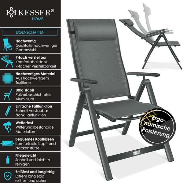 KESSER® Gartenstuhl Hochlehner mit Armlehnen | Aluminium Klappstuhl inkl. Kopfkissen Campingstuhl 7-Fach Verstellbar Rückenlehne | Atmungsaktiv & Wetterfest | Klappbar & Anti-Rutsch Anthrazit, 1 Stück Bild 4