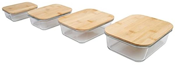 axentia Frischhaltedosen-Set, 4tlg, Glas, mit Deckel aus Bambus, Transparent/holzfarben