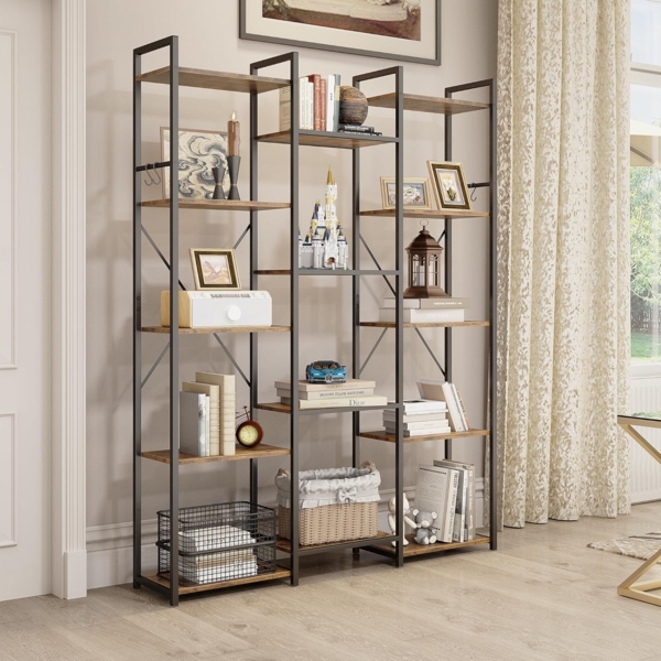 YITAHOME Bücherregal, Bodenstehendes Standregal mit 14 Ablagen und Haken, Hohes Regal, Ausstellungsregal mit stabilem Metallrahmen, für Wohnzimmer, Home Office, Vintagebraun Bild 3