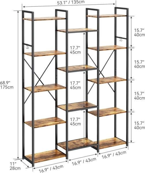 YITAHOME Bücherregal, Bodenstehendes Standregal mit 14 Ablagen und Haken, Hohes Regal, Ausstellungsregal mit stabilem Metallrahmen, für Wohnzimmer, Home Office, Vintagebraun Bild 2