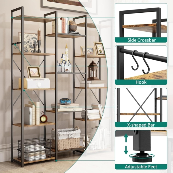 YITAHOME Bücherregal, Bodenstehendes Standregal mit 14 Ablagen und Haken, Hohes Regal, Ausstellungsregal mit stabilem Metallrahmen, für Wohnzimmer, Home Office, Vintagebraun Bild 5