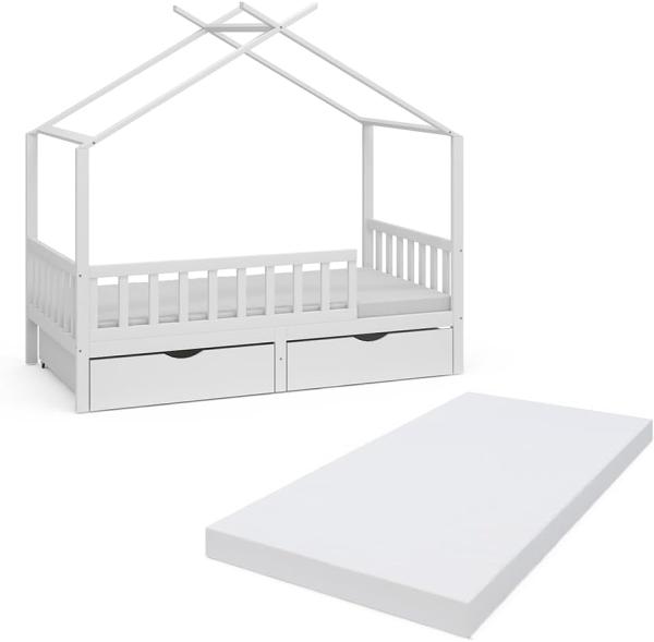 Vicco Kinderbett Bettenhaus Einzelbett Franka Weiß 160x80 cm Matratze modern Kinderzimmer Bett Bettschublade Lattenrost Rausfallschutz