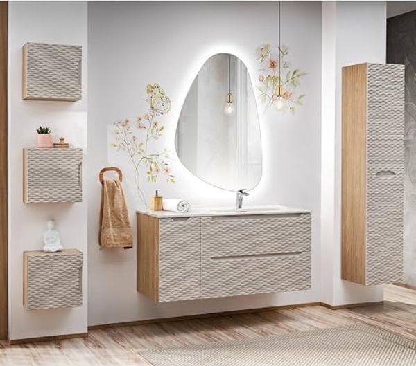 Lomadox Badmöbel-Set OLUO-56-BEIGE, (Spar-Set, 6-St, LED-Spiegel Waschtisch Hängeschränke Hochschrank), 120cm Keramikwaschbecken, Eiche mit beige, 3D-Oberfläche