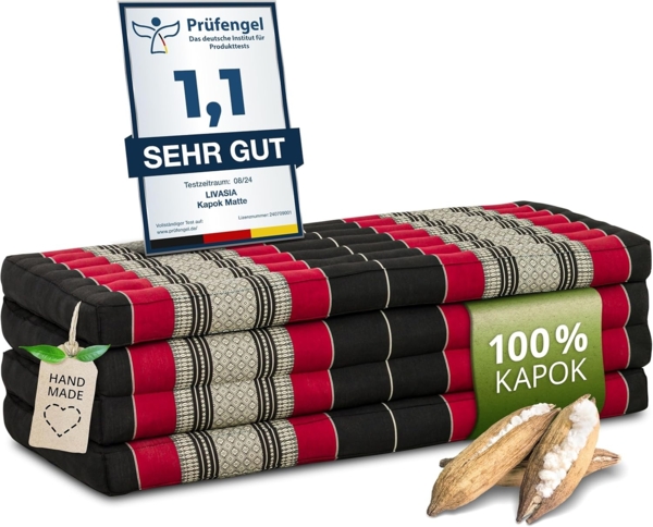 Nachhaltige Klappmatratze aus Kapok, breite Gästematratze vierteilig, Faltbare Matratze, ökologische Yogamatte, klappbares Gästebett, Liege für Garten und Balkon 200 x 110 x 8 cm (Schwarz/Rot)