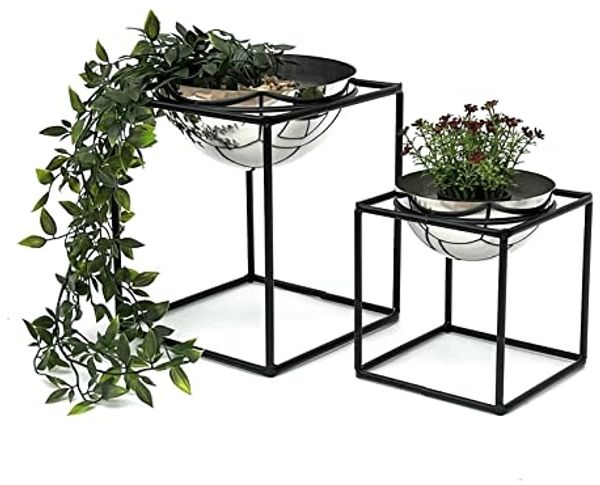 DanDiBo Blumenhocker Metall mit Topf Schwarz Silber Blumenständer 96256 2er Set Blumensäule Modern Pflanzenständer Pflanzenhocker
