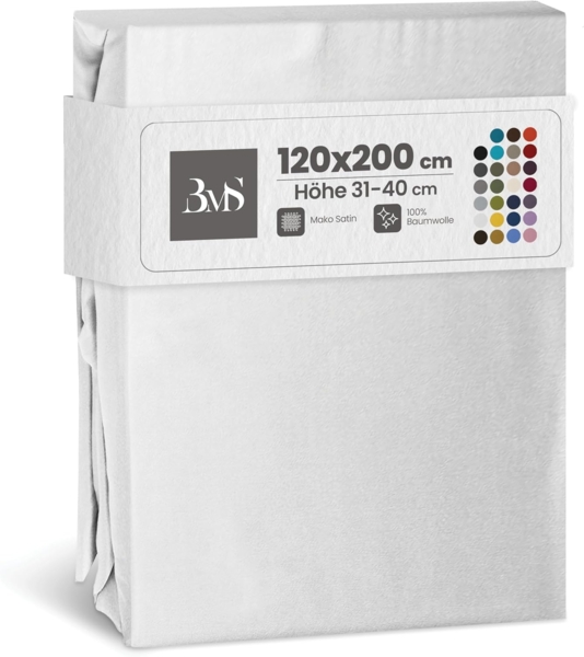 Bettwaesche-mit-Stil Mako-Satin Spannbettlaken weiß 120x200cm Höhe 31-40cm