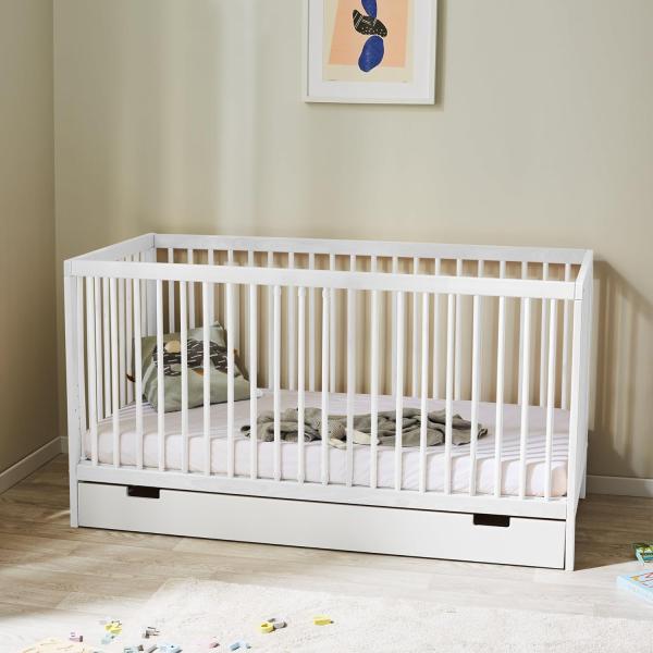 Babybett Kinderbett Gitterbett 70x140 höhenverstellbar & herausnehmbare Sprossen, mit Schublade,| Buchenholz weiss sehr stabil Made in Europe